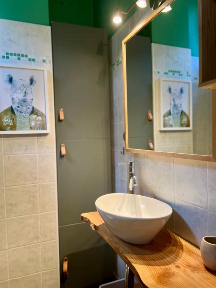 Bagno di Nido a Colori: lavabo a ciotola su mensola in legno e stampa di un rinoceronte in giacca